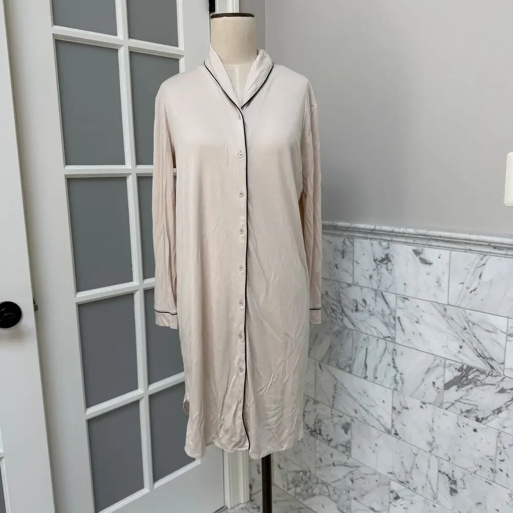 Hanro Natural Comfort  TENCEL Button Front Sleep Shirt Gown Almond Small